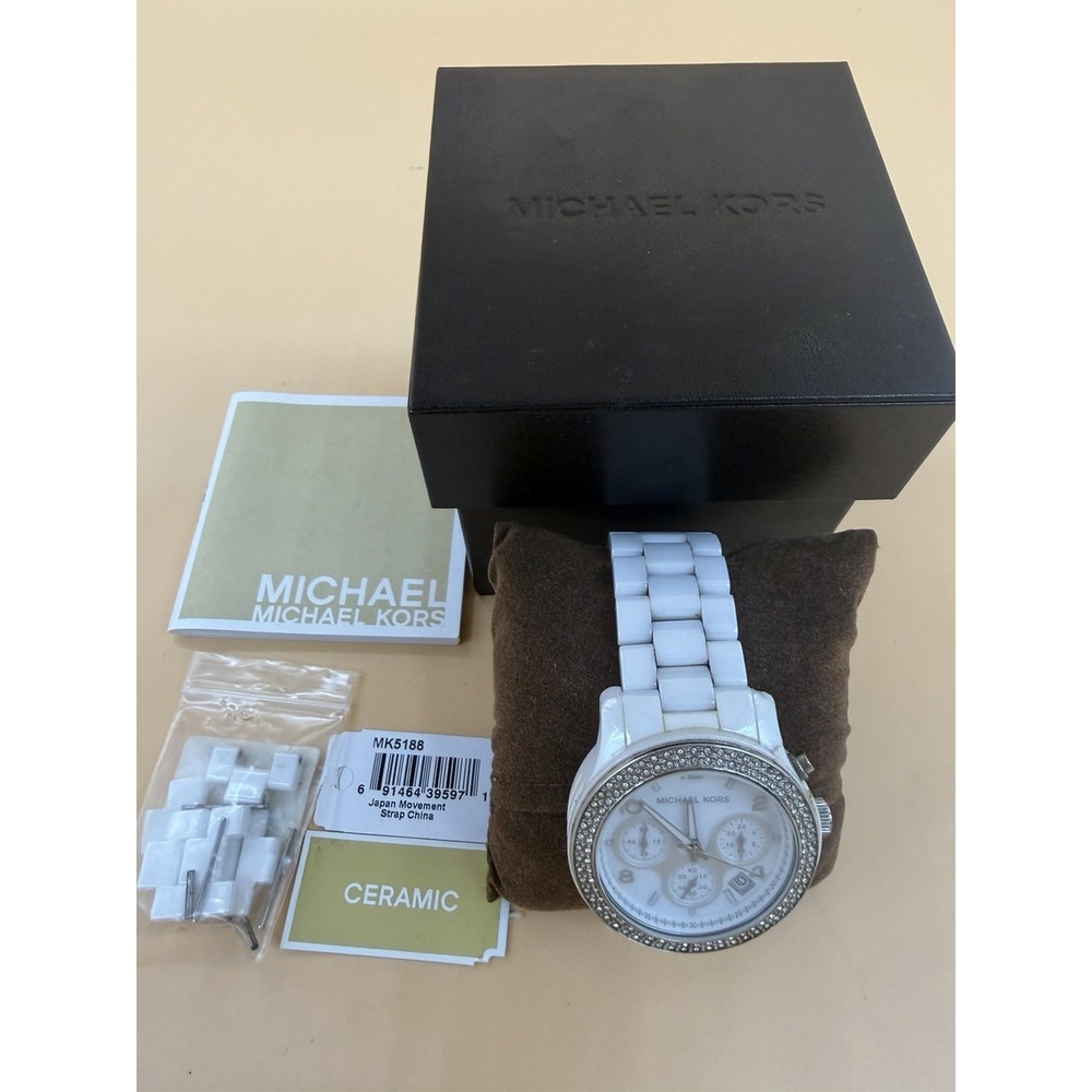 Michael Kors MK5188 White Ceramic Crystal Chronograph Watch Box Parts Repair